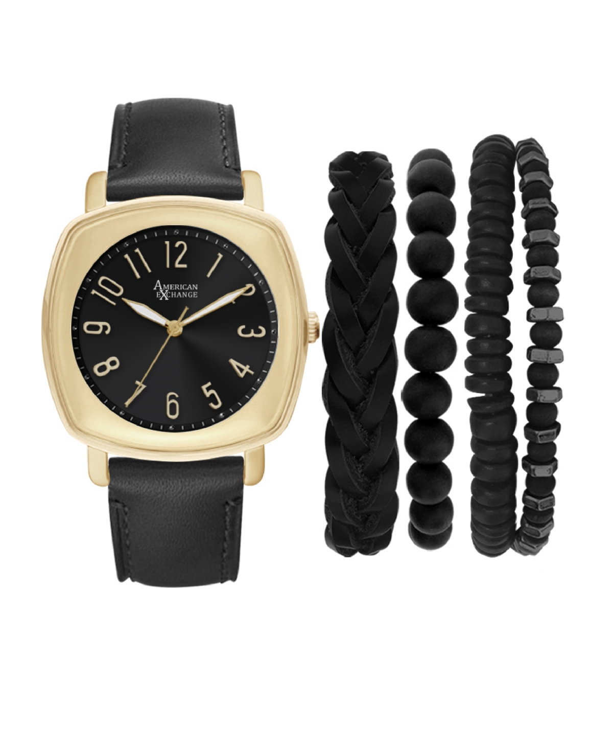 Men's Black Leather Strap Analog Watch 46mm with Stackable Bracelets Gift Set - Black