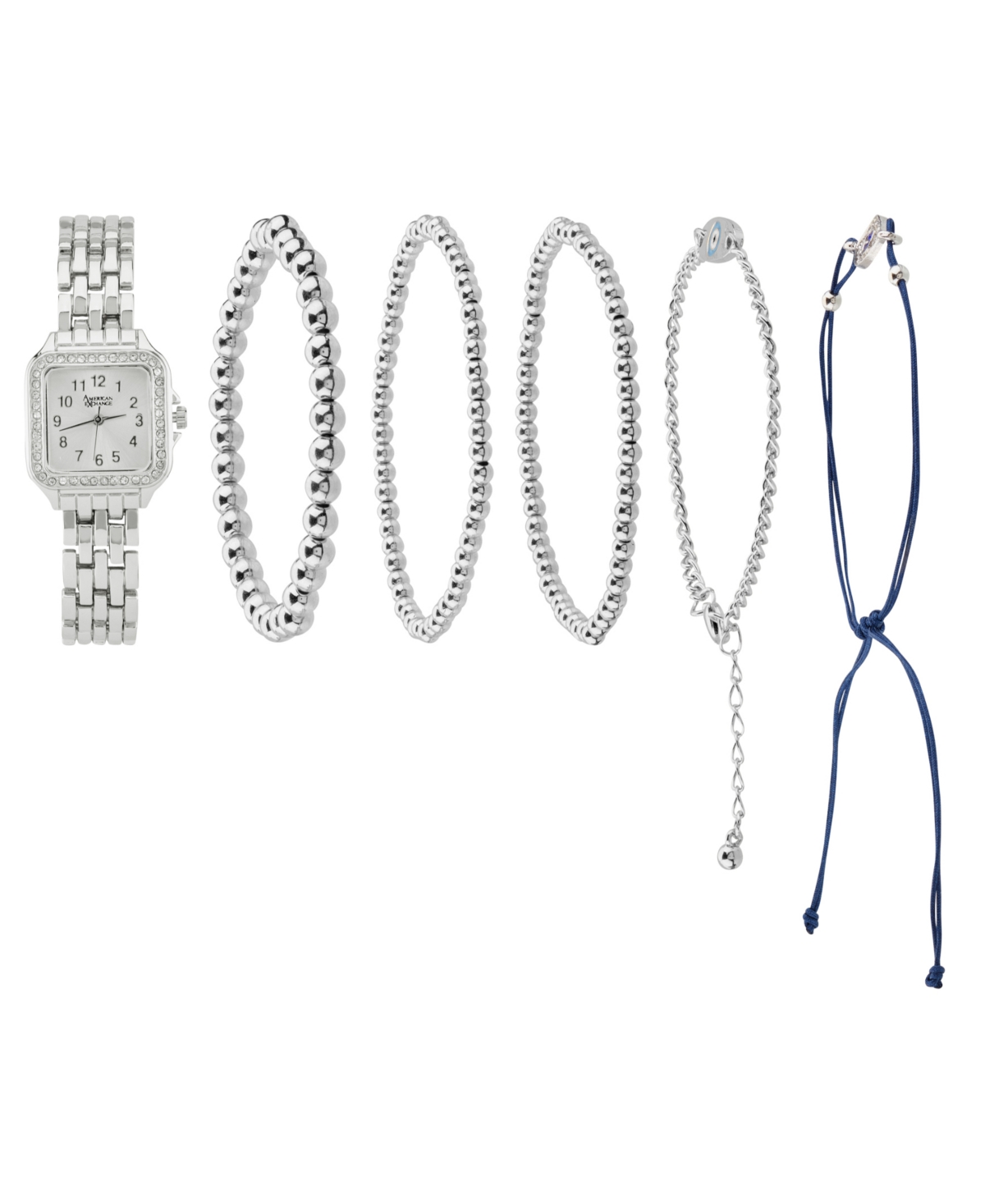 Women's Shiny Silver Metal Alloy Band Analog Watch 26mm with Stackable Bracelets Gift Set - Silver