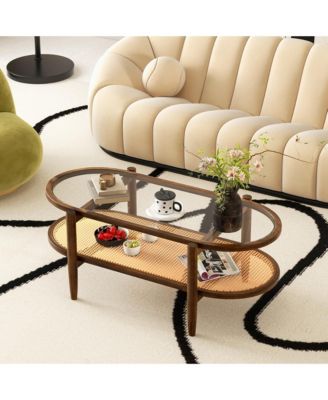 2-Tier Coffee Table Tempered Glass Top with PE Rattan Shelf & Acacia Wood Frame