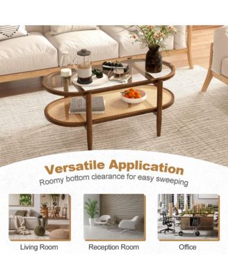 2-Tier Coffee Table Tempered Glass Top with PE Rattan Shelf & Acacia Wood Frame