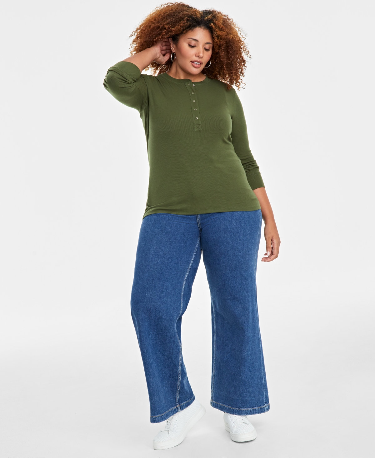 On 34th Plus Size Ribbed Long-Sleeve Henley Top, Created for Macy's