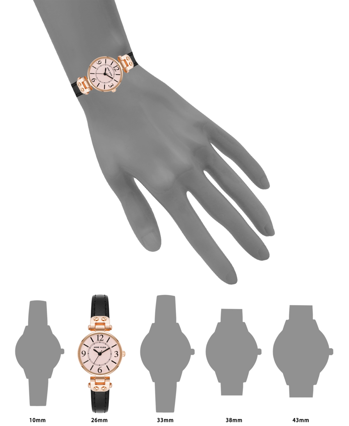 Anne Klein Women's Quartz Black Essential Leather And Rose Gold-tone Alloy Metal Strap Watch, 26mm In Black,pink,rose Gold-tone
