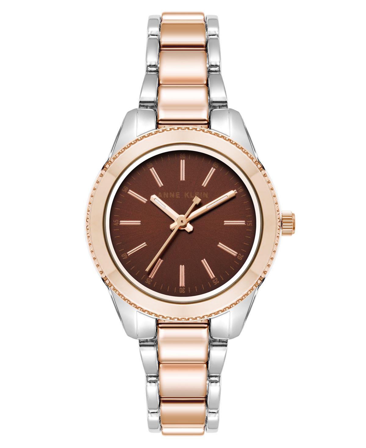 Anne Klein Women's Quartz Minimalist Contemporary Tri-tone Alloy Metal Watch, 32mm In Brown,silver-tone,rose Gold-tone