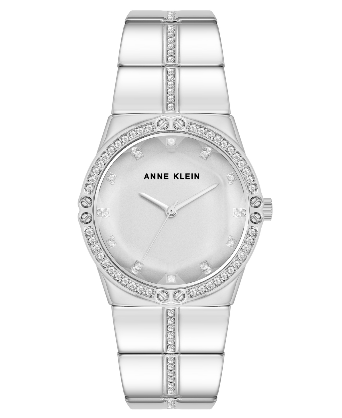 ANNE KLEIN WOMEN'S QUARTZ FACETED CRYSTAL BEZEL SILVER-TONE ALLOY METAL WATCH, 32MM 
