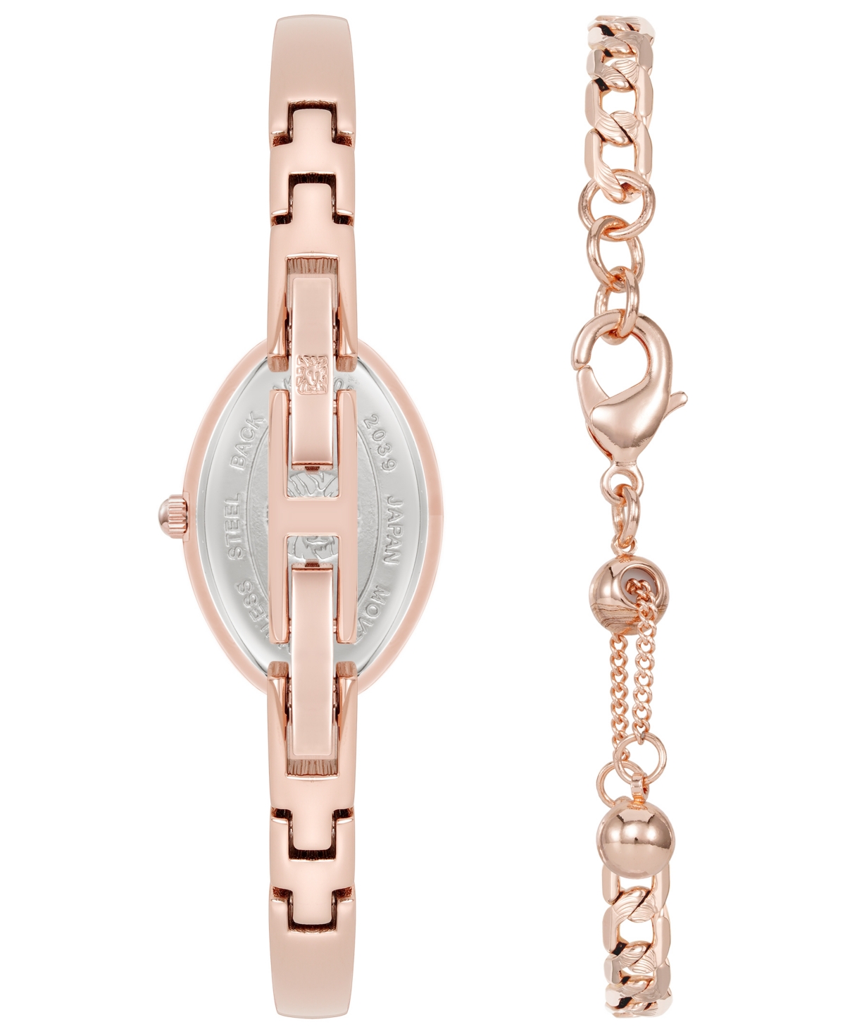 Anne Klein Women's Quartz Oval Rose Quartz Gemstone and Rose Gold-Tone Alloy Metal Bangle Watch Set, 20mm