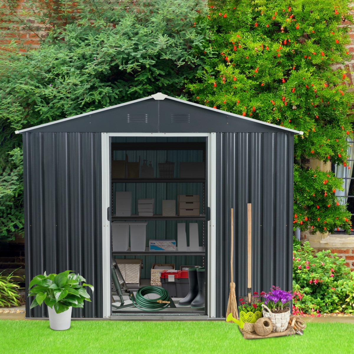 Streamdale Furniture 8FT x 10FT Outdoor Metal Storage Shed with Floor Base,- Black
