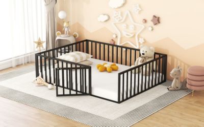 Queen Size Metal Floor Bed Frame With Fence And Door