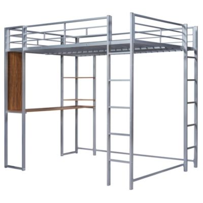 Full Size Metal Loft Bed With 2 Shelves And One Desk