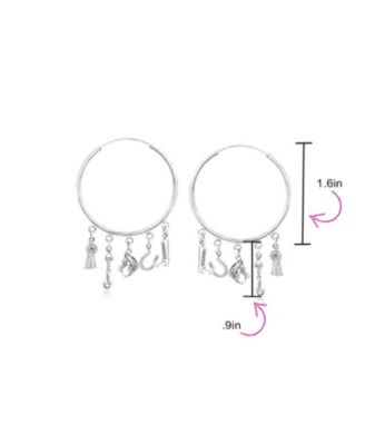 Blue Ribbon Horse Riding Boot Horseshoe Multi Charms Dangle Hoop Earrings Sterling Silver 2.5 Inch Diameter