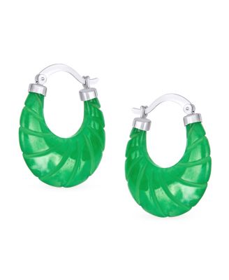 Scallop Green Jade Carved Shell Shrimp Oval Green Natural Jade Hoop Earrings Sterling Silver 1.2 Inch Diameter