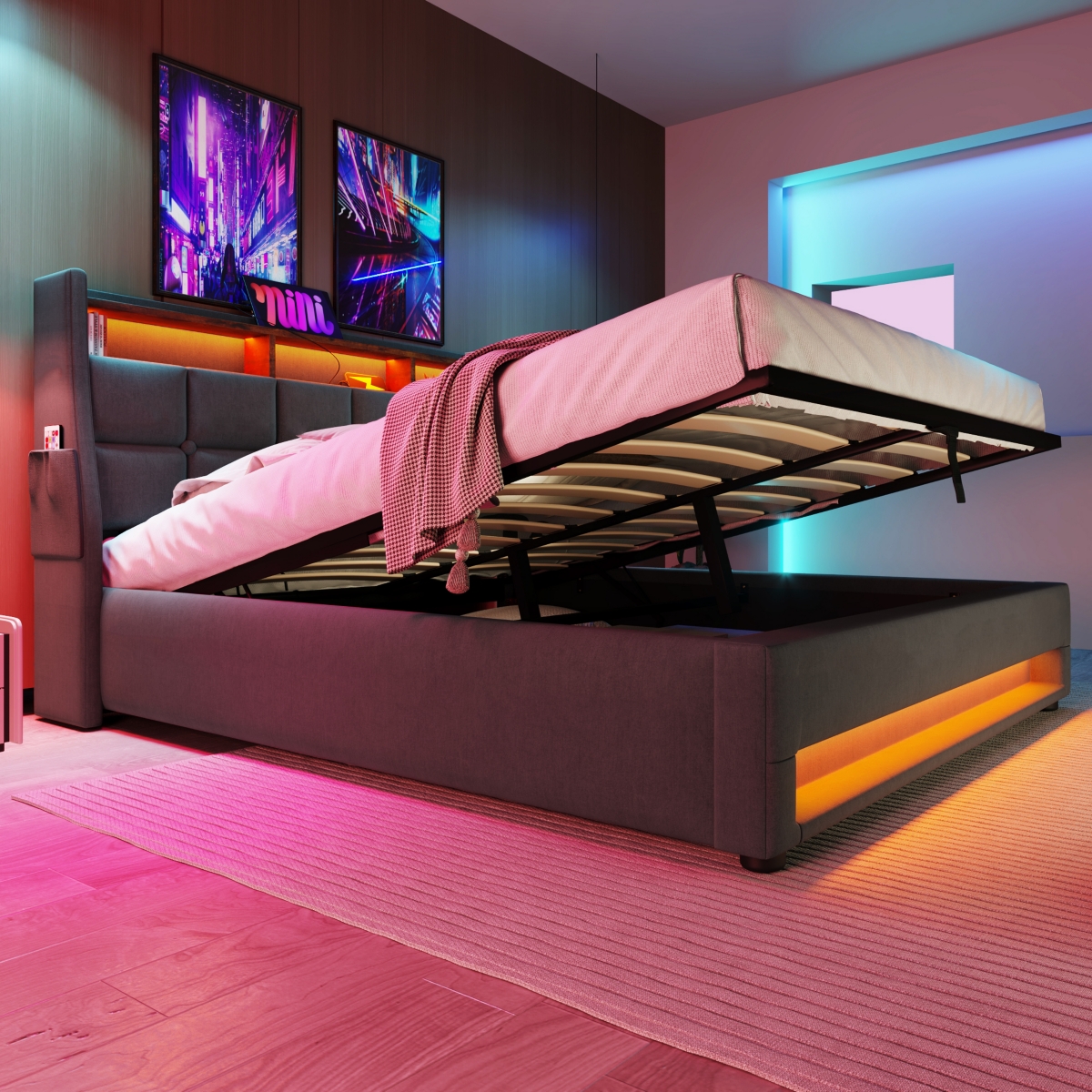 Streamdale FurnitureUpholstered Platform Bed with Storage & Led - Grey