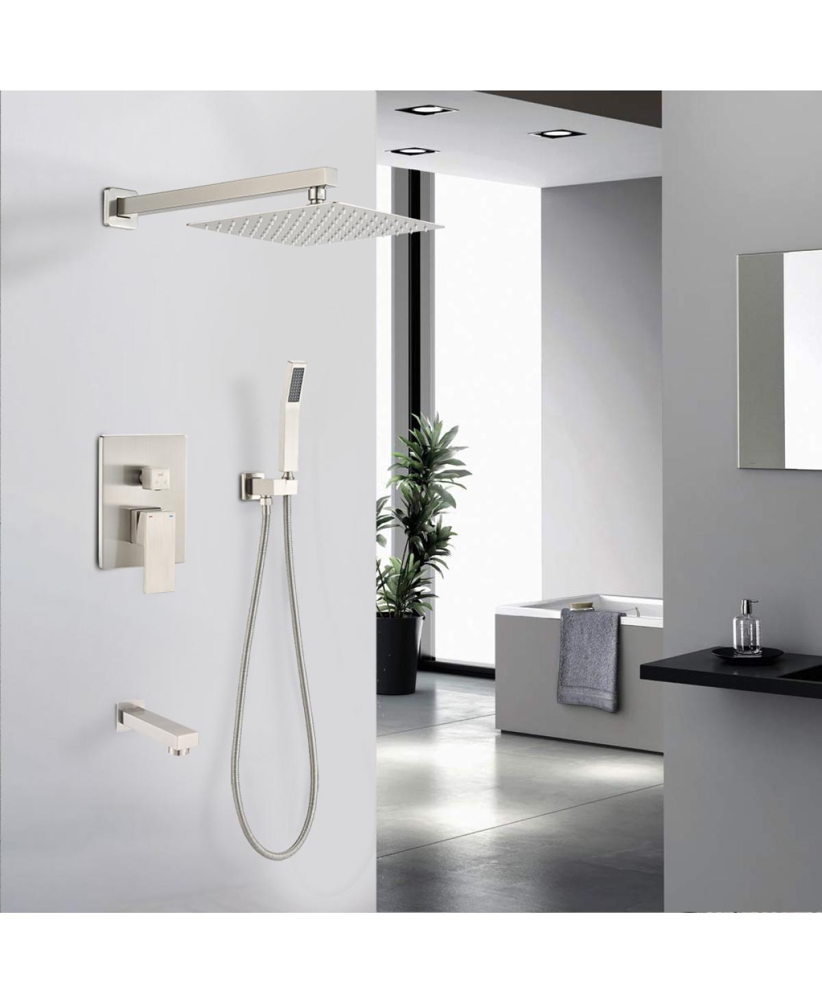 Streamdale FurnitureShower System 10 Inch Brass Bathroom Deluxe Rain Mixed Shower Combination Set - Brushed nickel