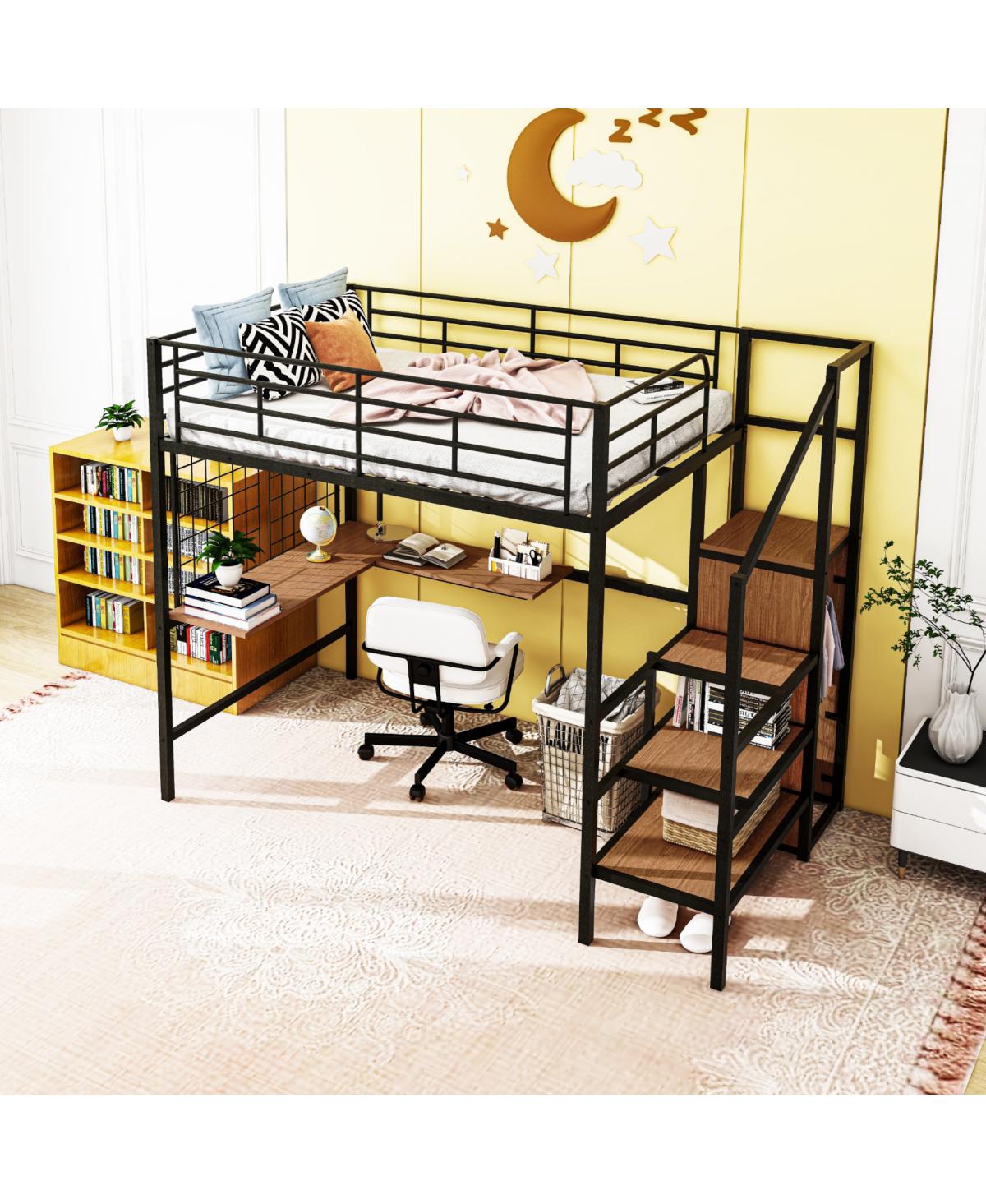 Simplie Fun Metal Loft Bed with Desk, Ladder and Wardrobe, White