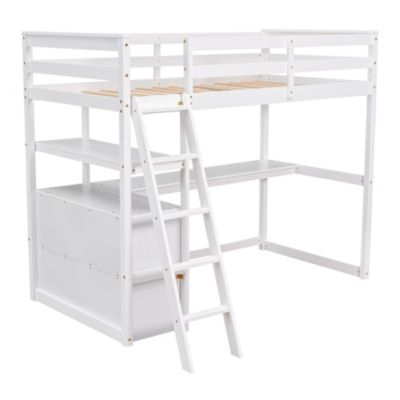 Twin Size Loft Bed With Desk And Shelves, Two Built-In Drawers