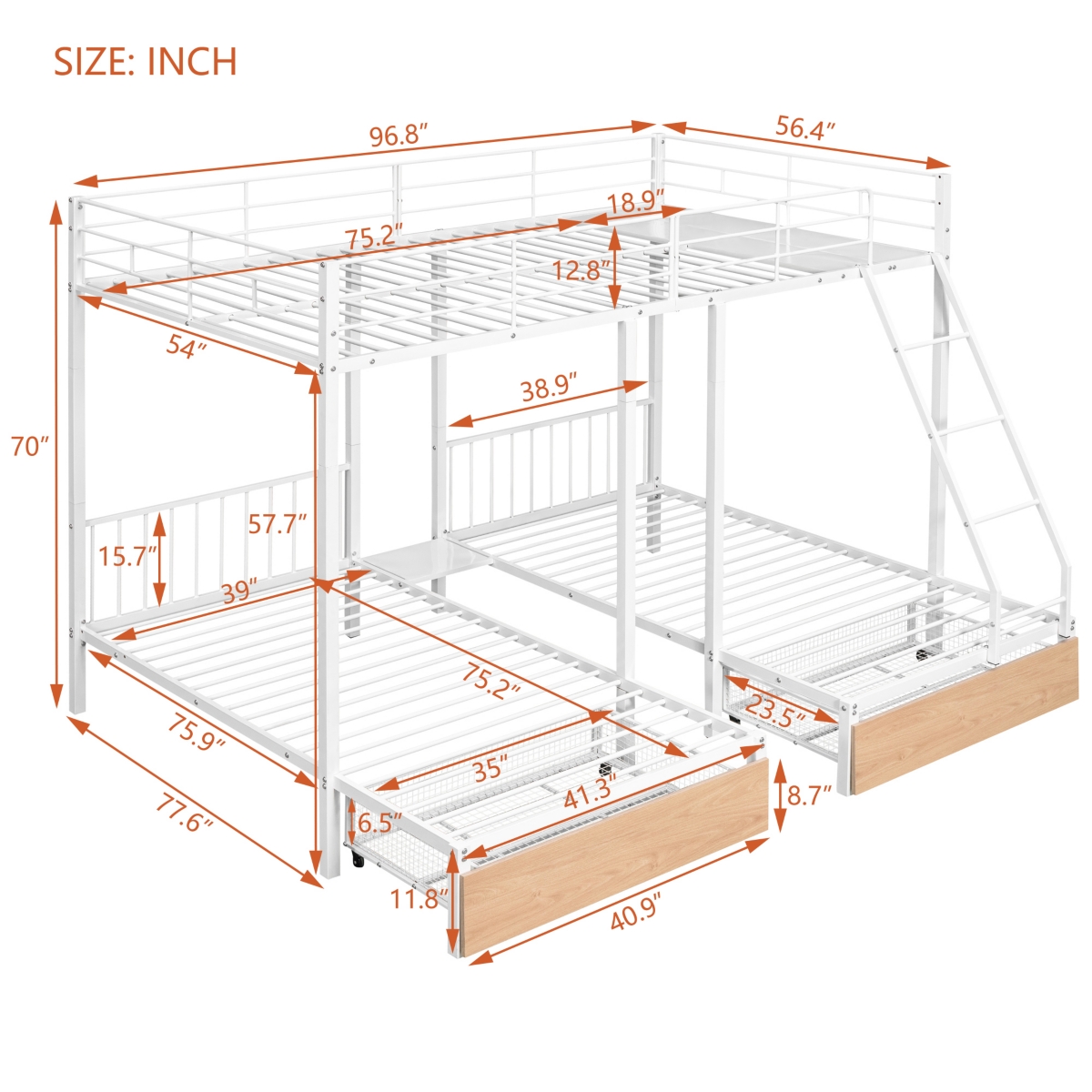 Streamdale Metal Triple Bunk Bed with Drawers and Rails