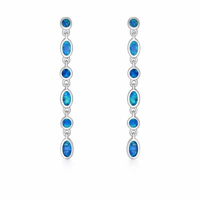 Geometric MOD Multi Alternating Bezel Oval & Round Circles 2 Strand Long Waterfall Synthetic Opal Dangle Earrings Sterling Silver 2 inch