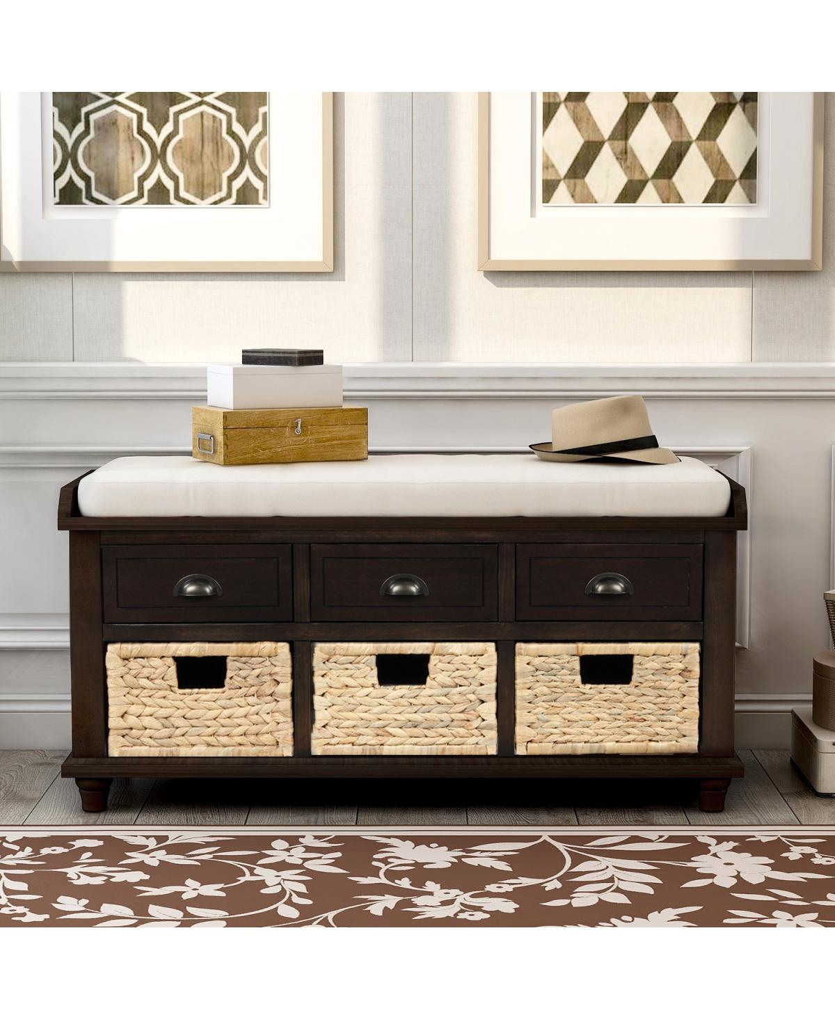 Streamdale Furniture Rustic Storage Bench With 3 Drawers And 3 Rattan Baskets, Shoe Bench For Living Room