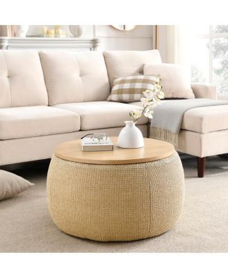 Round Storage Ottoman, 2 In 1 Function, Work As End Table And Ottoman, Natural (25.5"X25.5"X14.5")