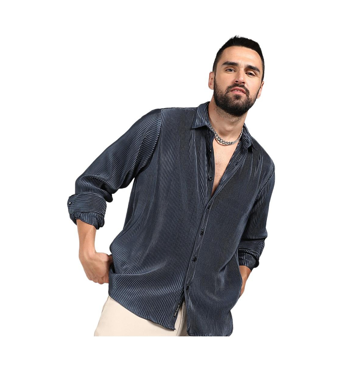 Men's Navy Blue Pleat-Creased Shirt - Blue