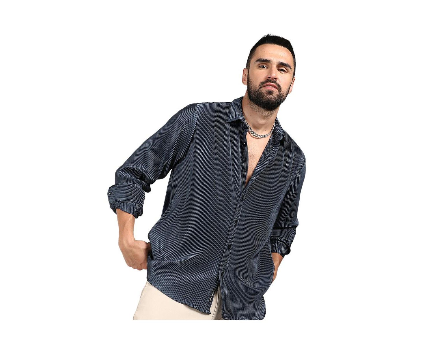 Men's Navy Blue Pleat-Creased Shirt