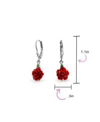 Delicate Floral Blooming 3D Red Rose Flower Green CZ Accent Lever back Dangle Earrings Sterling Silver