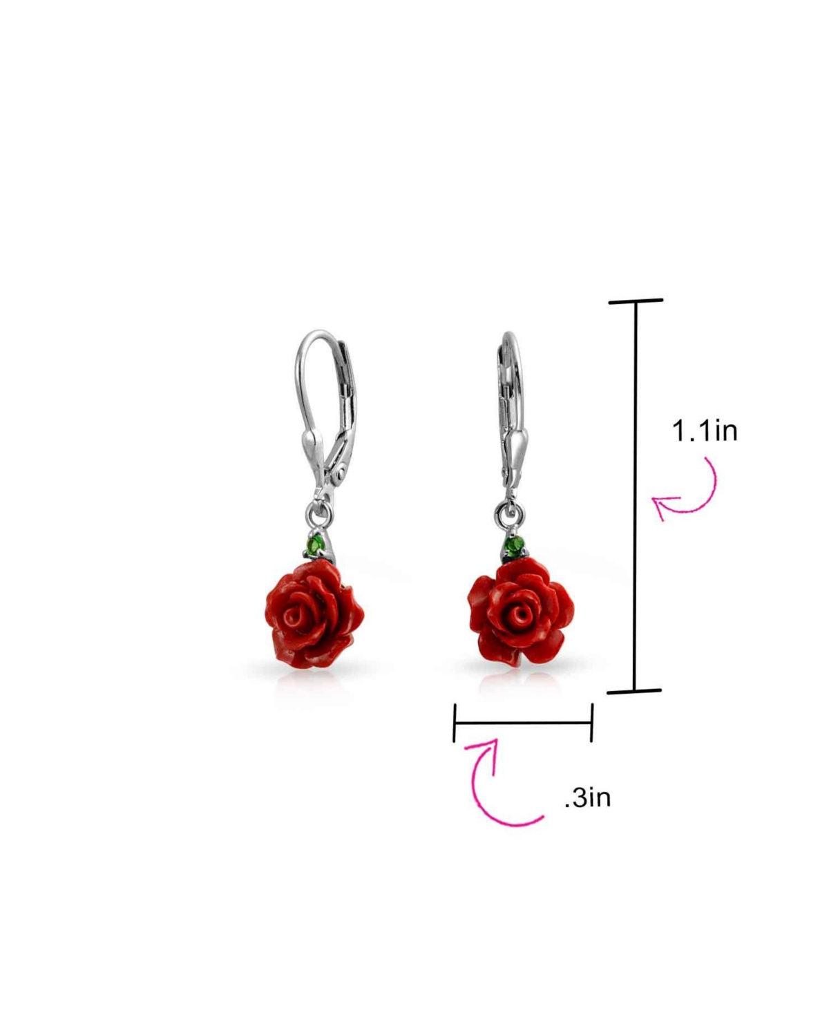 Bling Jewelry Delicate Floral Blooming 3DRose Flower Green Cz Accent Lever back Dangle Earrings For Women Sterling Silver - Red
