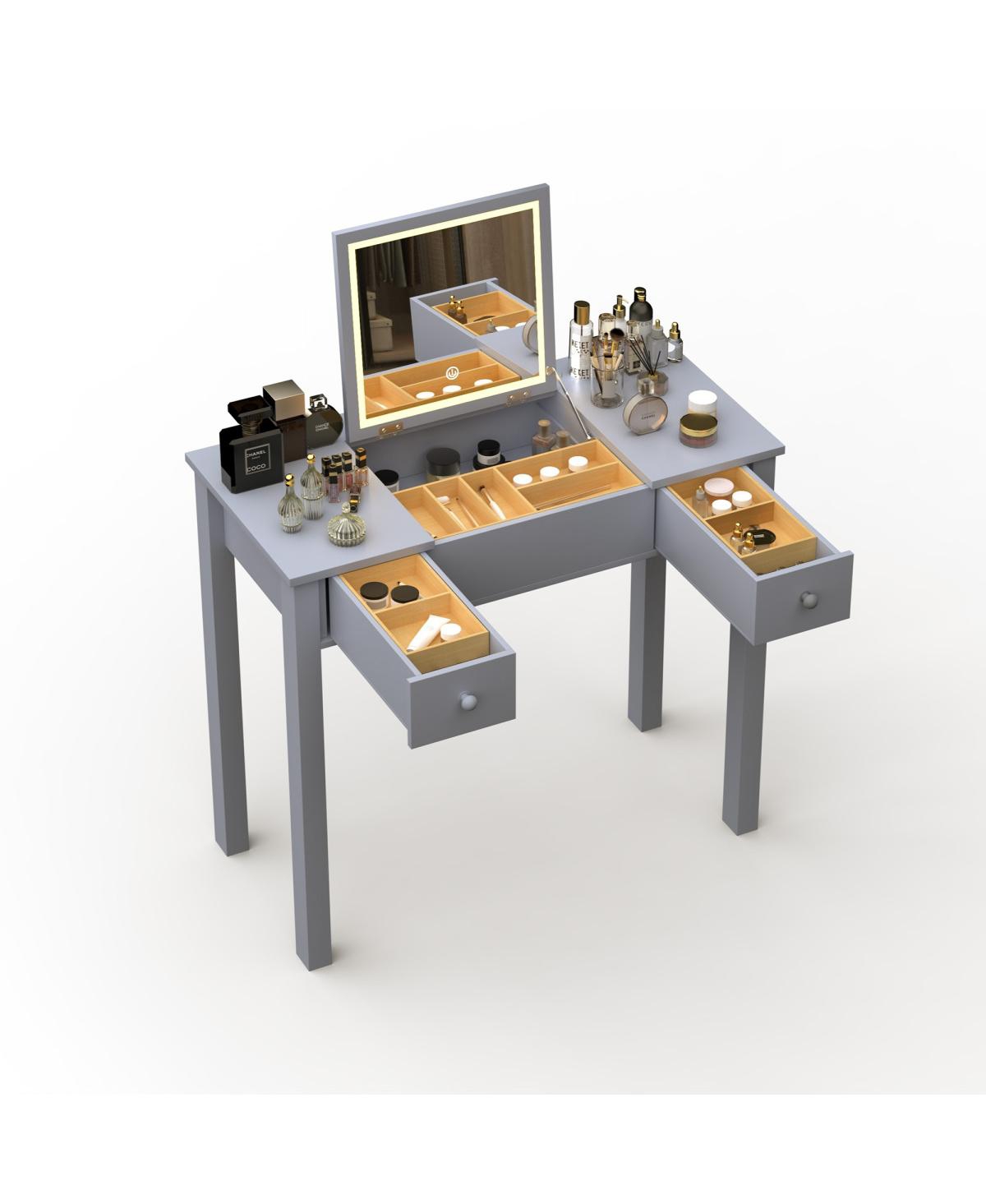 Simplie Fun Grey Vanity Table with Led Lights, Flip-Top Mirror, and Jewelry Storage