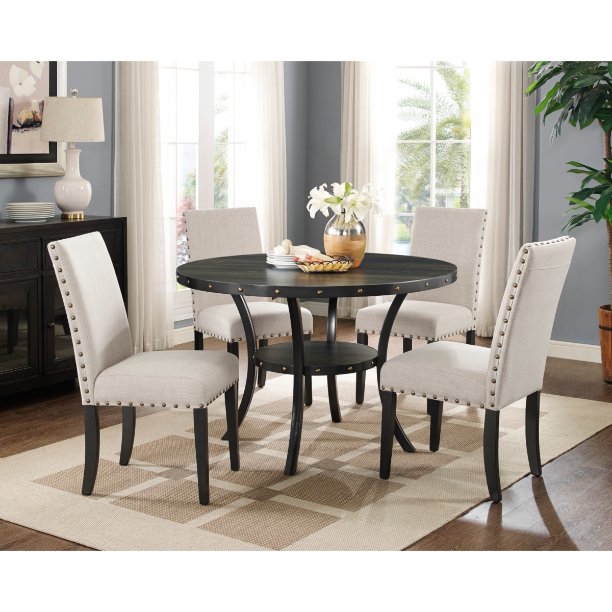 Streamdale Furniture Biony Espresso Wood Dining Set with Tan Fabric Nailhead Chairs