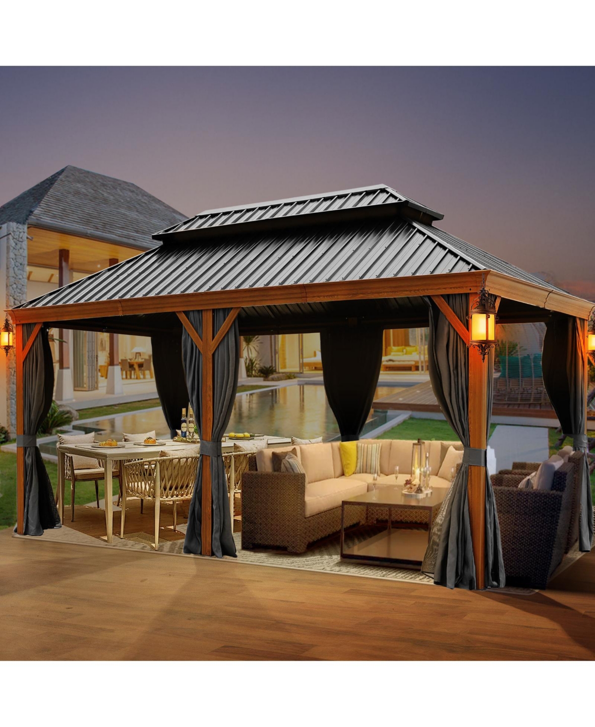 Streamdale Furniture 12X20ft Galvanized Steel Gazebos with Netting & Curtains - Black+brown+grey