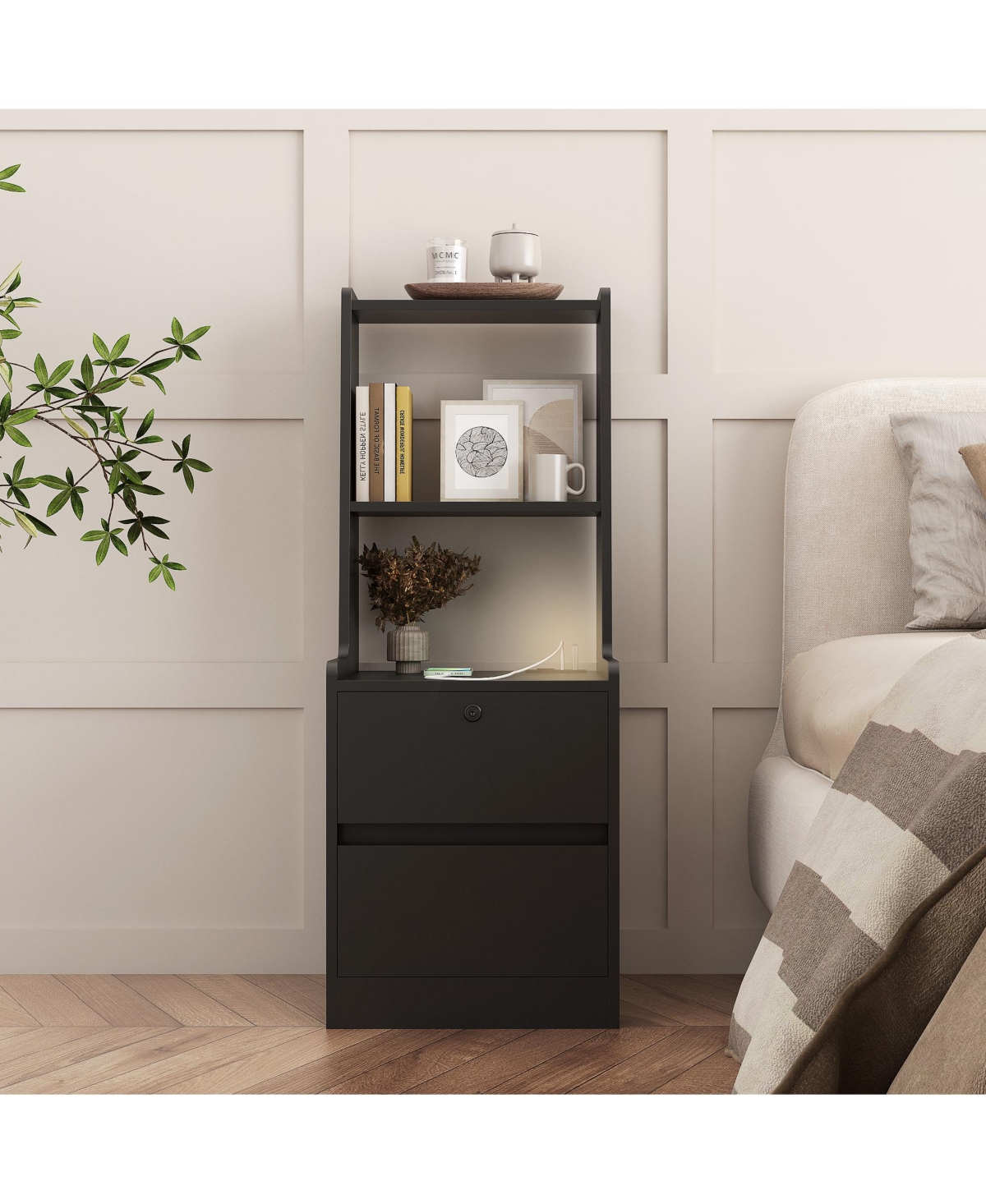 Simplie Fun Smart Storage Cabinet with Charging Station & Voice-Controlled Led Night Light
