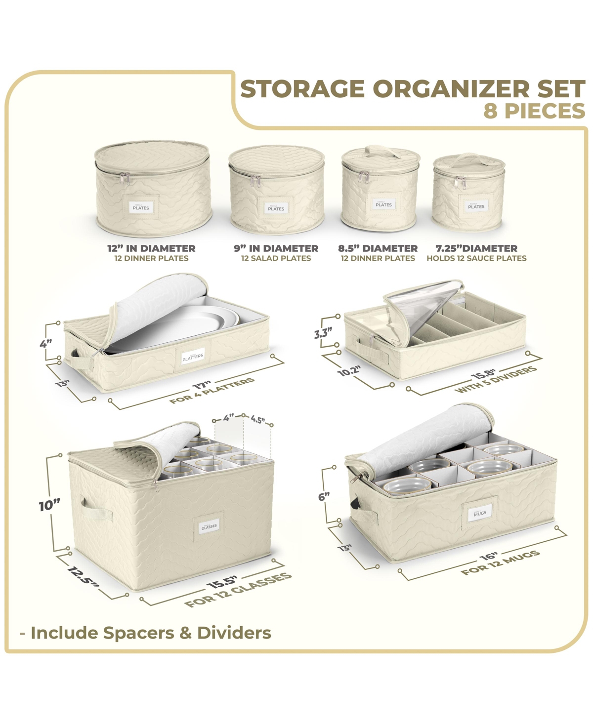Sorbus 8 Piece Quilted China Dinnerware Storage Cases - for Dinnerware, Mugs, Cups - Beige