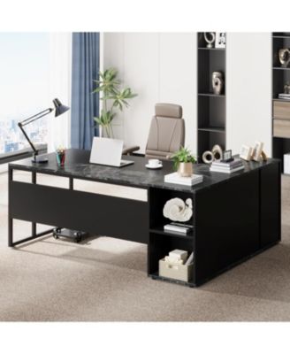 71 inch Executive Desk, L Shaped Desk with Cabinet Storage, Executive Office Desk with Shelves for Home Office