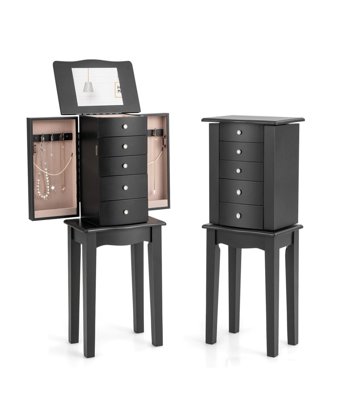 Jewelry Armoire with Top Flip Mirror and 4 Drawers - Black