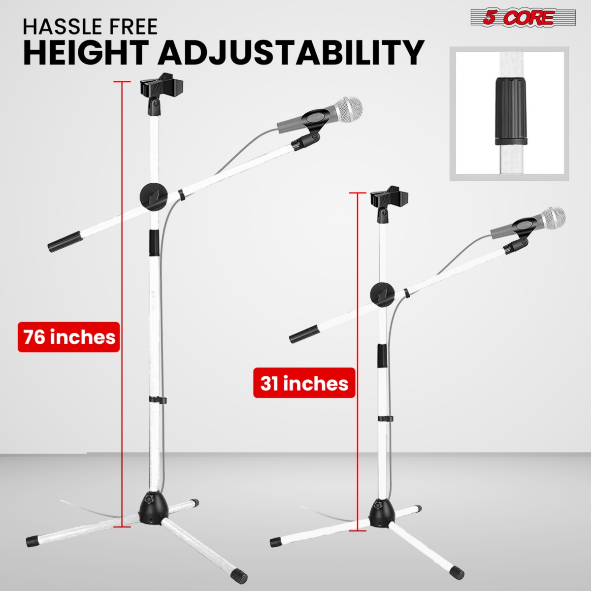 5 Core Mic Stand Collapsible Height Adjustable 31 to 59” Dual Metal Microphone Tripod Stand w Boom Arm Stand Para Microfono for Singing, Karaok
