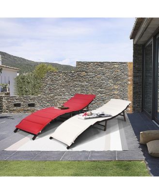 Set of 2 Folding Wicker Chaise Portable Lounge Chair w/ Double Sided Cushion