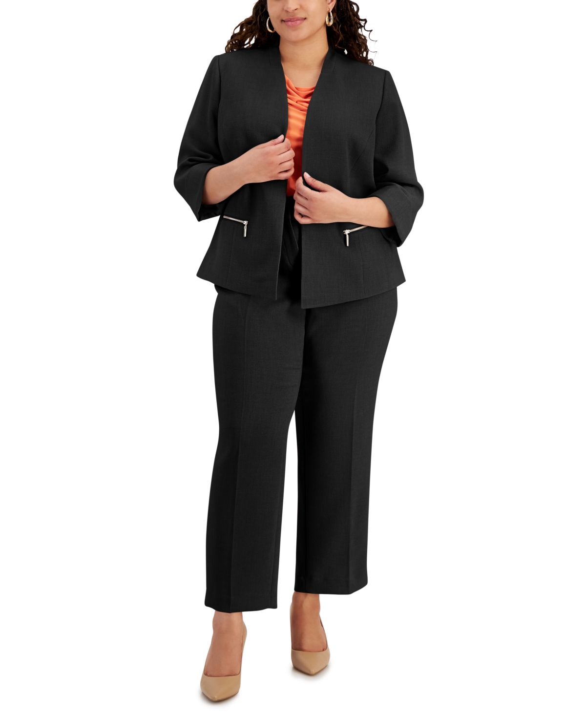 Kasper Petite Stretch-crepe Zipper-pocket Open-front Cuffed Blazer In Black