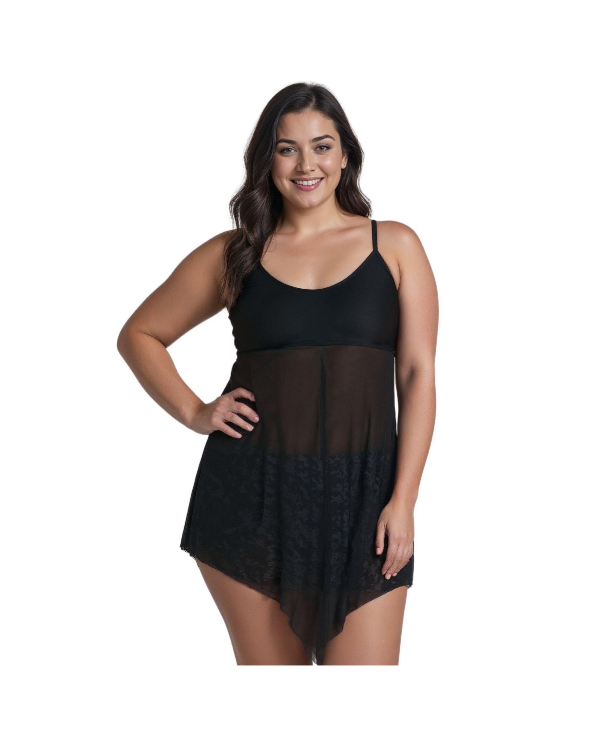 Plus Size 3in1 Adjustable Strap Split Front Tankini Swim Top - Black