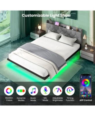 Floating Bed Frame with LED and Headboard and Charging Station
