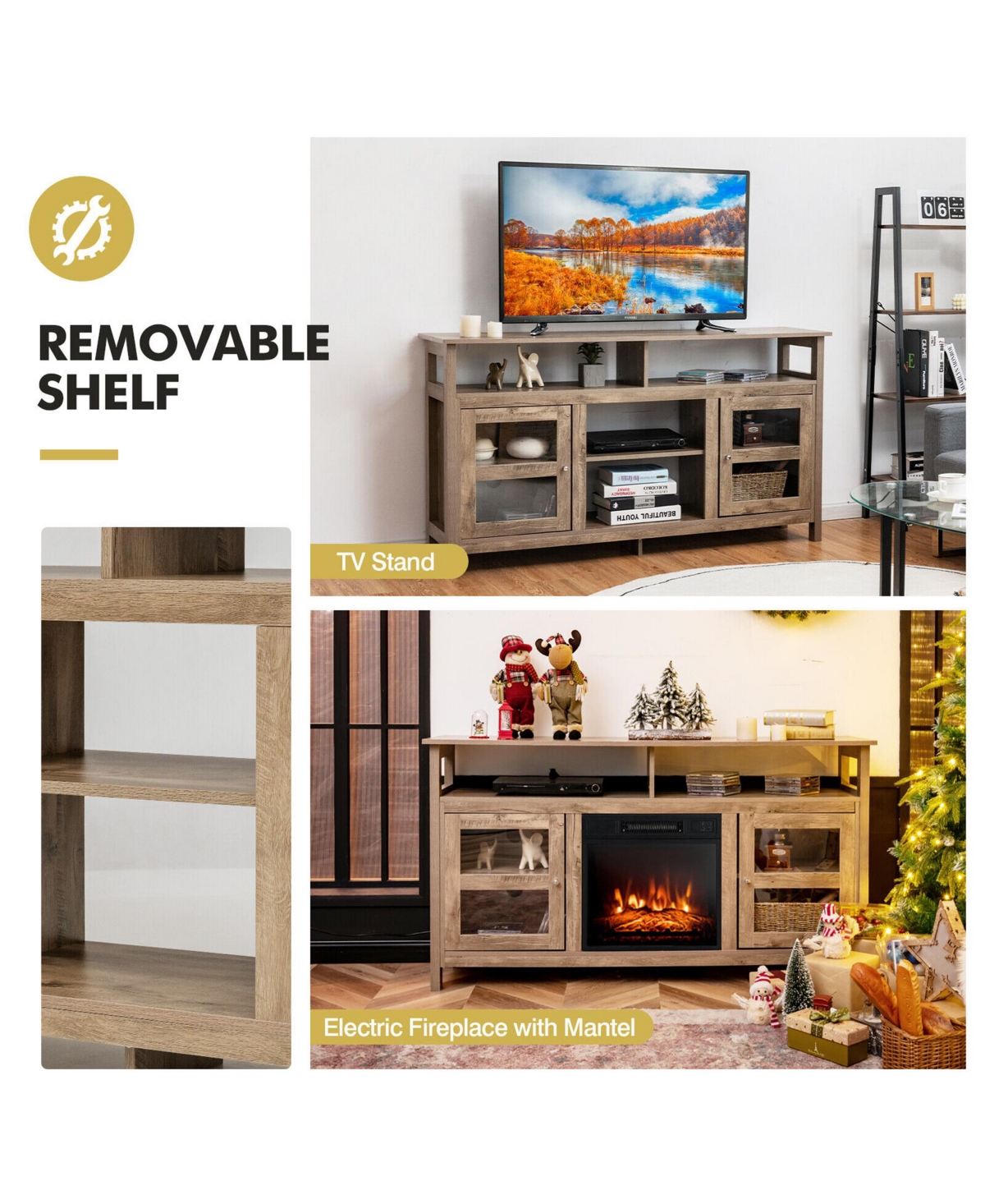 Gymax 58'' Fireplace Tv Stand W/18'' 1400W Electric Fireplace up to 65''- Natural