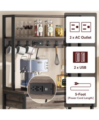 Bakers Rack with Power Outlets, 5-Tier Kitchen Storage Shelf, Microwave Oven Stand with Drawer, Kitchen Rack with 6 Hooks