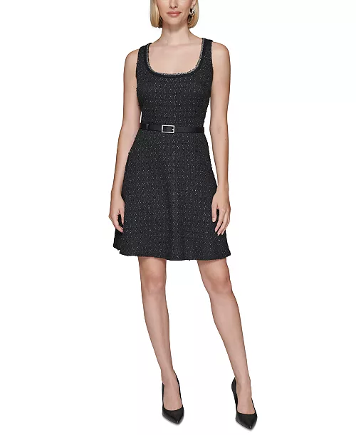 Karl Lagerfeld Paris Women's Bouclé Tweed Belted Dress