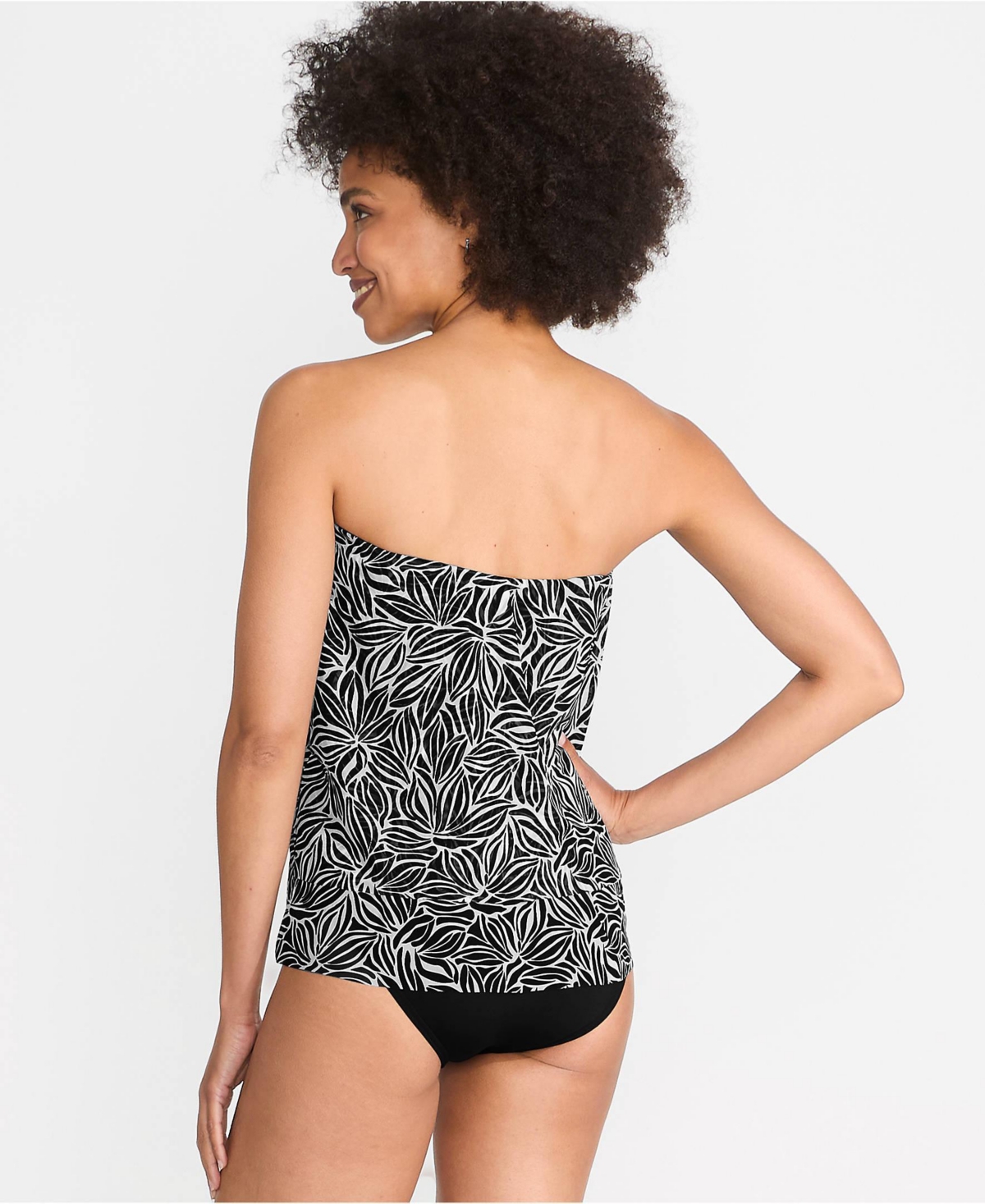Lands' End Women's Chlorine Resistant Mesh Bandeau High Leg Fauxkini One Piece Swimsuit -white abstract floral