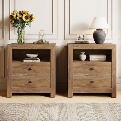 Nightstands Set of 2 Wood Farmhouse Night Stand with 2 Storage Drawers, Rustic End Side Table