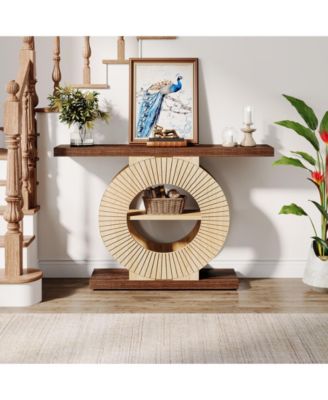 Entryway Table with Storage, Wood Console Table, 39.3-Inch Sofa Table Small Accent Hallway Table with Shelves and Circle Base