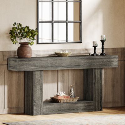 63" Console Table, Farmhouse 2-Tier Entryway Table with U-Shaped Base, Narrow Long Wood Sofa Table Behind Couch Table