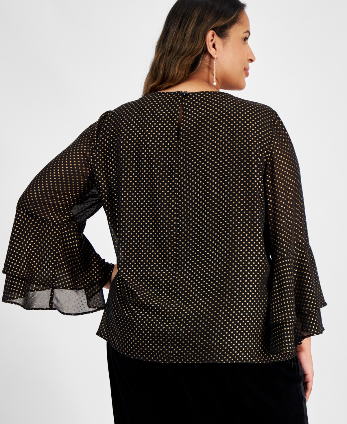Kasper Plus Size Metallic Dot Bell-Sleeve Scoop-Neck Top -gold
