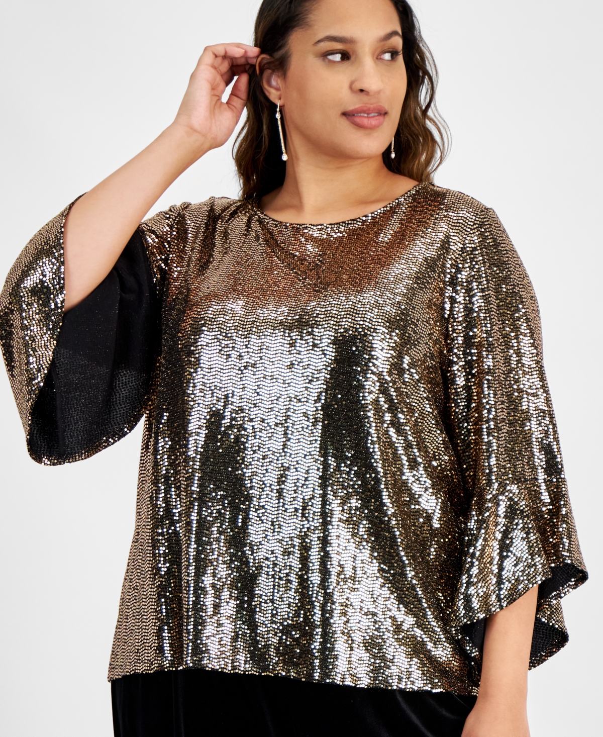 Kasper Plus Size Mirror-Dot Metallic Bell-Sleeve Top -gold
