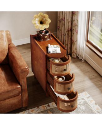 3-Drawer Rattan End Table, Solid Wood Sofa Side Table, Slim Nightstand, Finished Back, No Assembly, Walnut & Oak