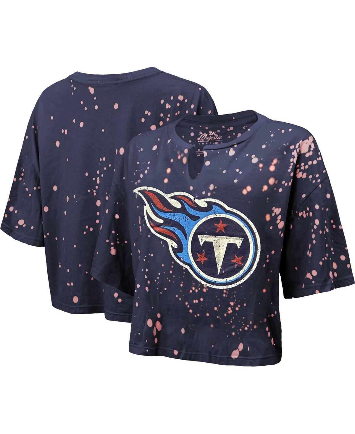 Women's Navy Tennessee Titans Bleach Splatter Notch Neck Crop T-Shirt - Navy