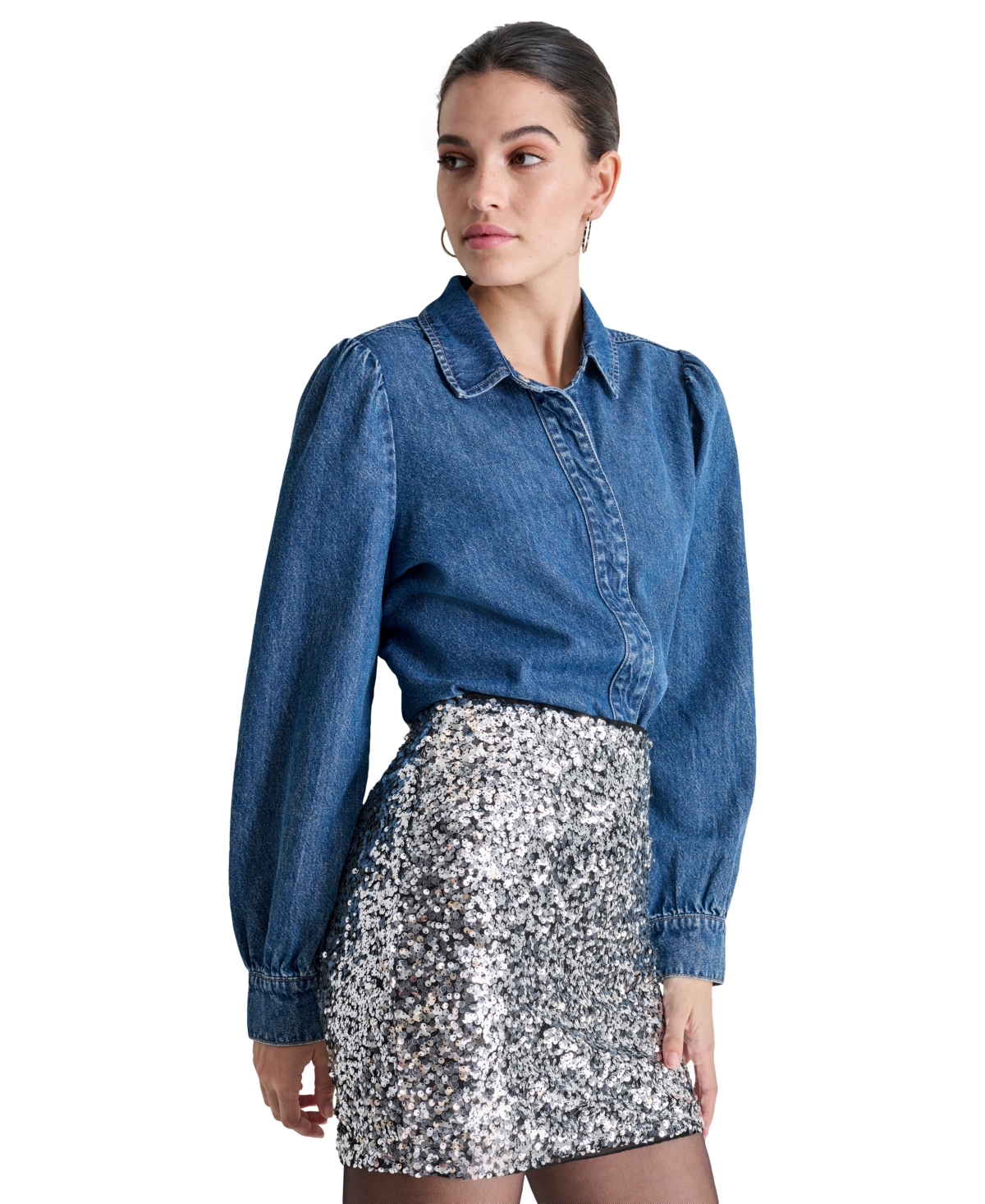 Dkny Jeans Women's Cotton Puffed-Shoulder Denim Shirt
